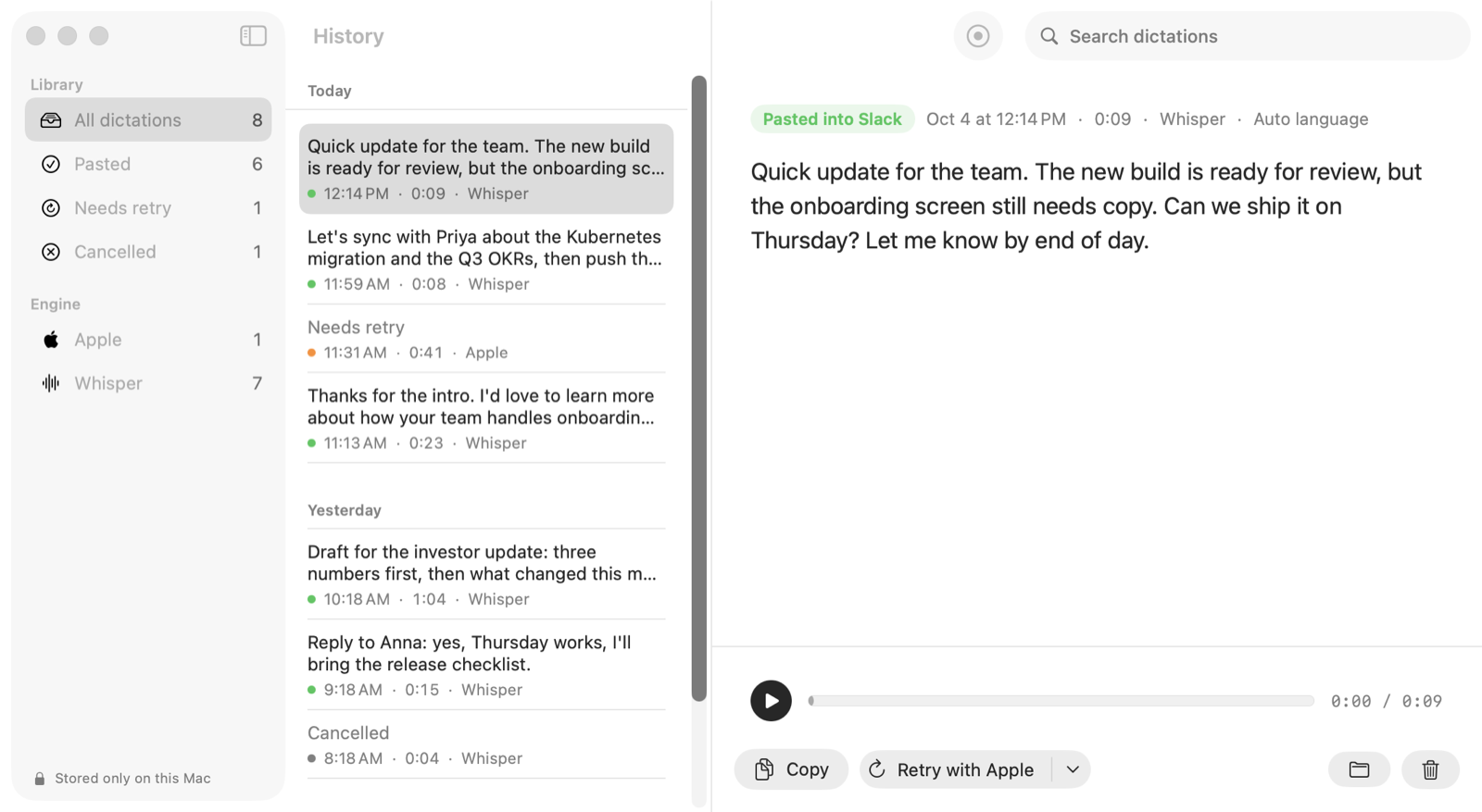 Saypad history window: filters on the left, dictations grouped by day, the selected transcript with a player, Copy and Retry with Apple buttons