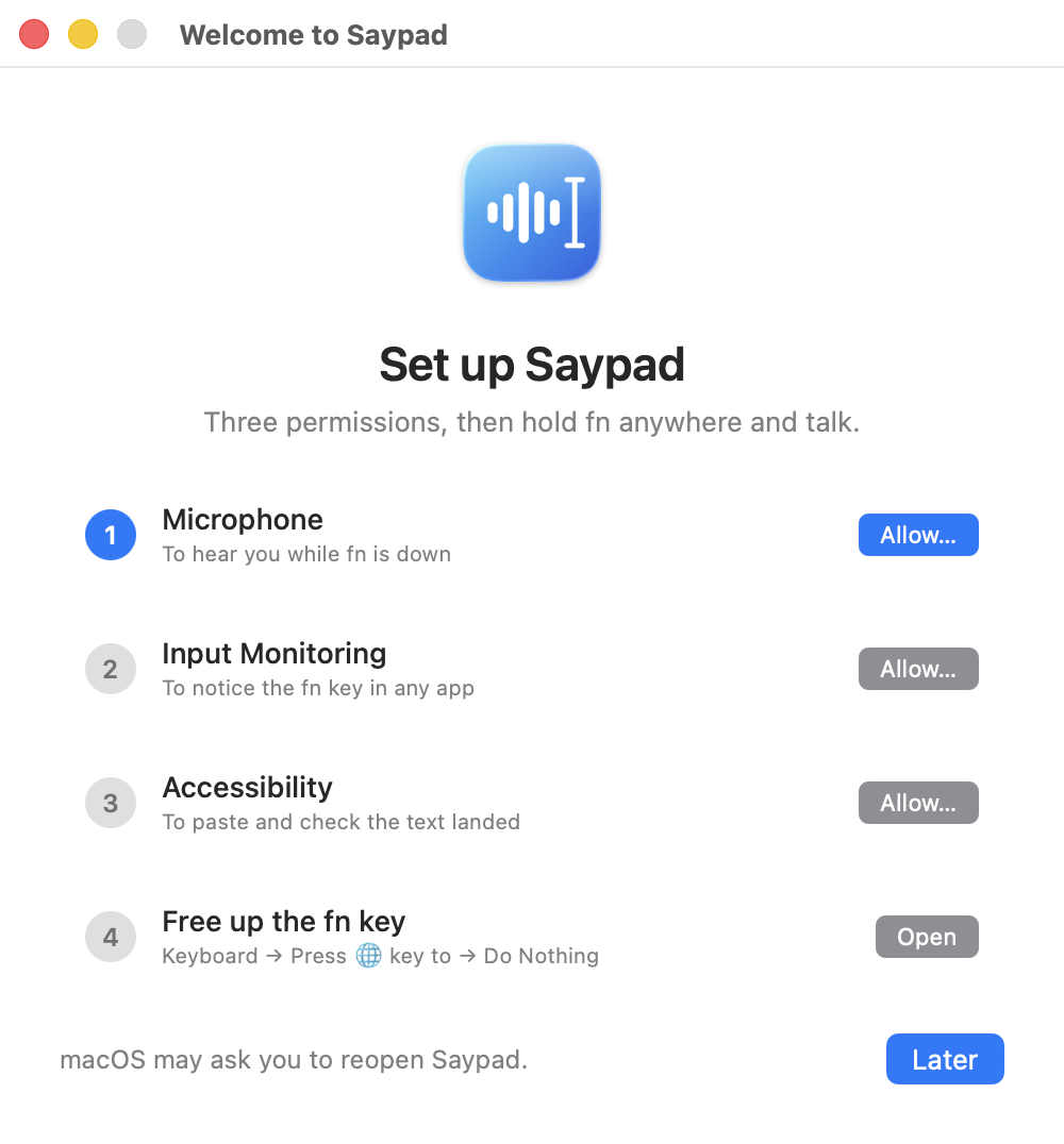 Saypad setup window with four steps: Microphone, Input Monitoring, Accessibility and freeing up the fn key
